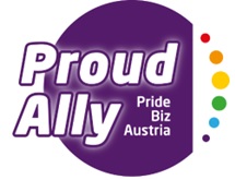Logo: Pride Biz Austria – Proud Ally - Partner zur Förderung der Inklusion von sexueller Diversität in Wirtschaft und Arbeitswelt