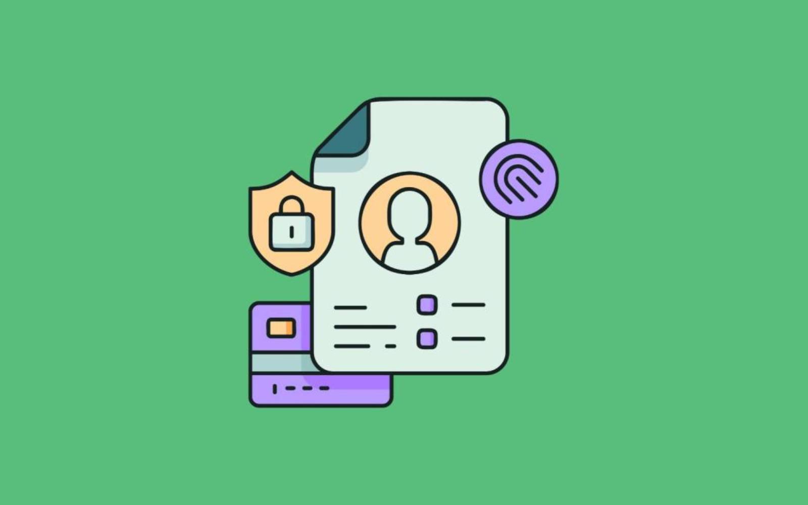 Illustration eines Dokuments mit Profilbild und Listeneinträgen, davor eine Kreditkarte; daneben Symbole für ein Schloss und einen Fingerabdruck als Hinweise auf Datenschutz und Identitätsprüfung.