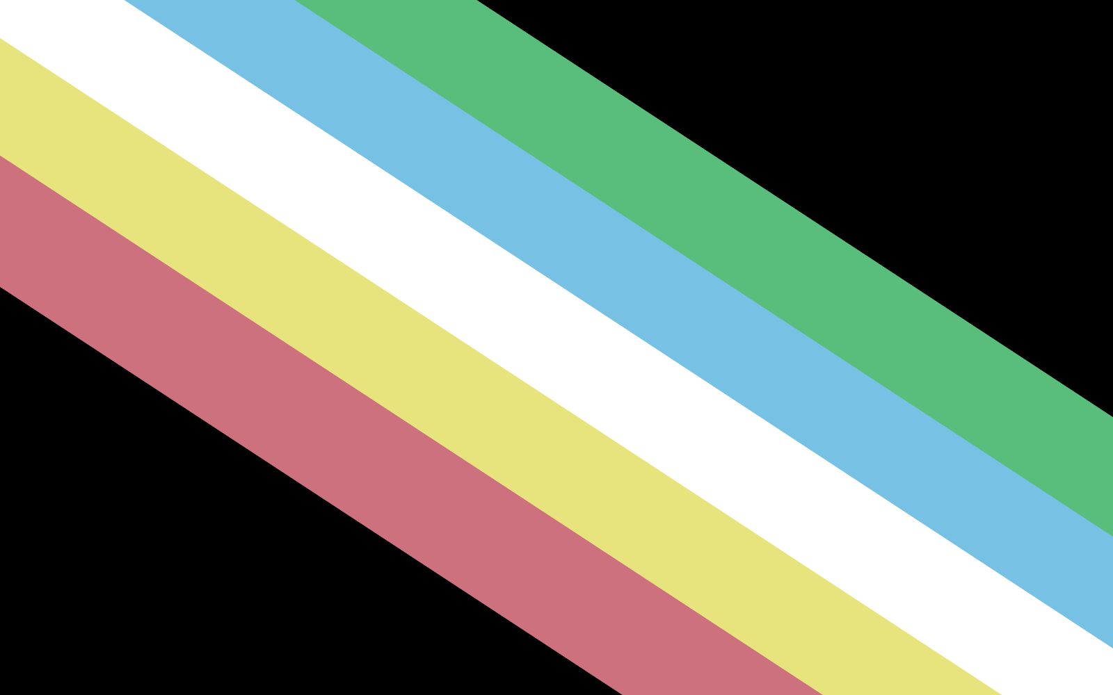 Abbildung der Disability Pride Flagge. Diagonale Streifen in Rot, Gold, Weiß, Blau und Grün auf schwarzem Hintergrund.