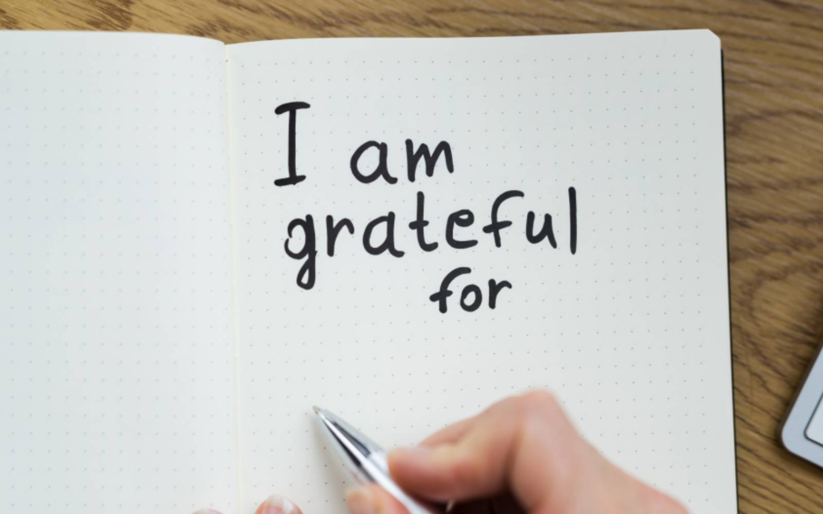 „I am grateful for“. Eine Hand hält einen Stift über ein geöffnetes Notizbuch mit gepunkteten Seiten.