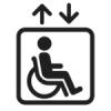 Illustration: Eine Person im Rollstuhl in einem Aufzug mit Auf- und Abwärtspfeilen.